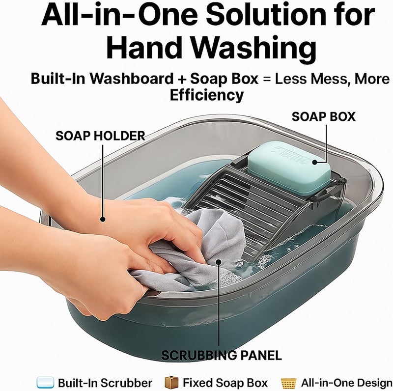 VEMJO Portable Washboard Basin & All-in-One Laundry Basin Set - Heavy-Duty Wash Board for Hand Washing Clothes | Built-in Scrub Surface, washboard hand washing clothes for Camping, RV, Emergency Use - Image 2